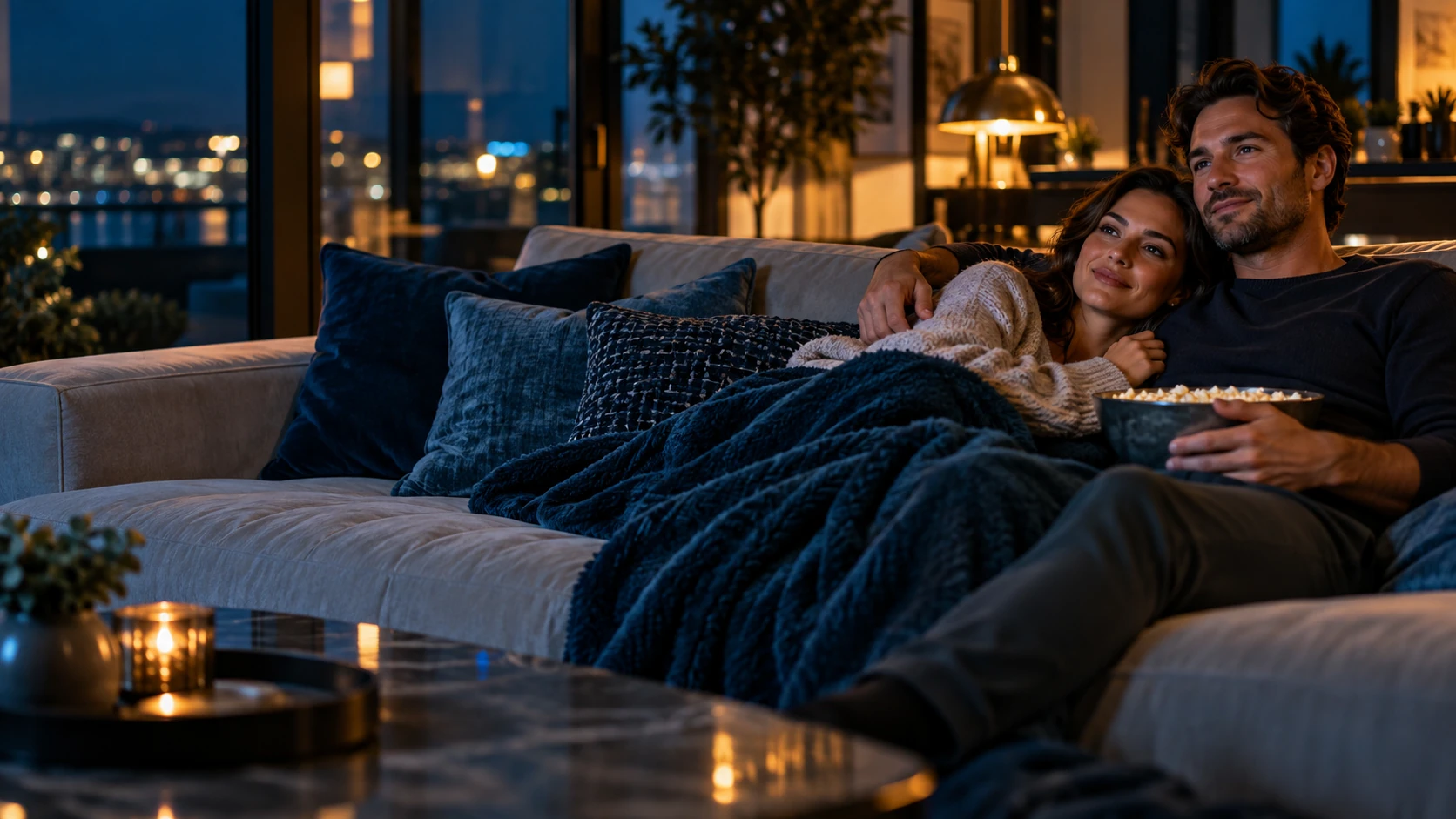 Un couple partage une soirée cinéma dans son salon