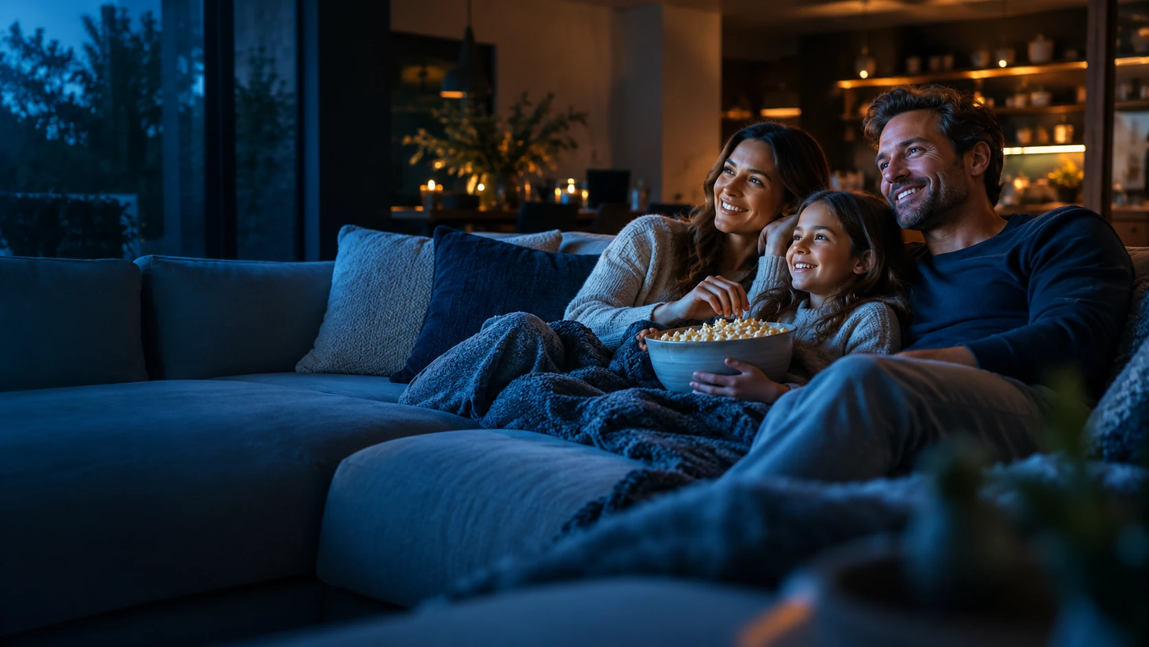 Une famille partage une soirée cinéma avec du popcorn