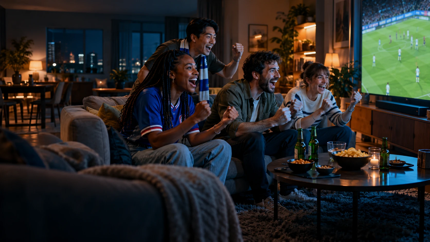 Des amis adultes réunis devant un match de football à la maison