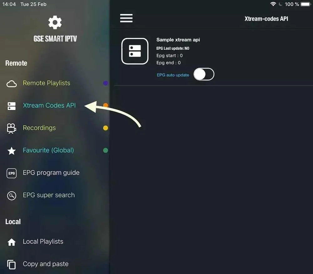 Menu GSE Smart IPTV sur iOS